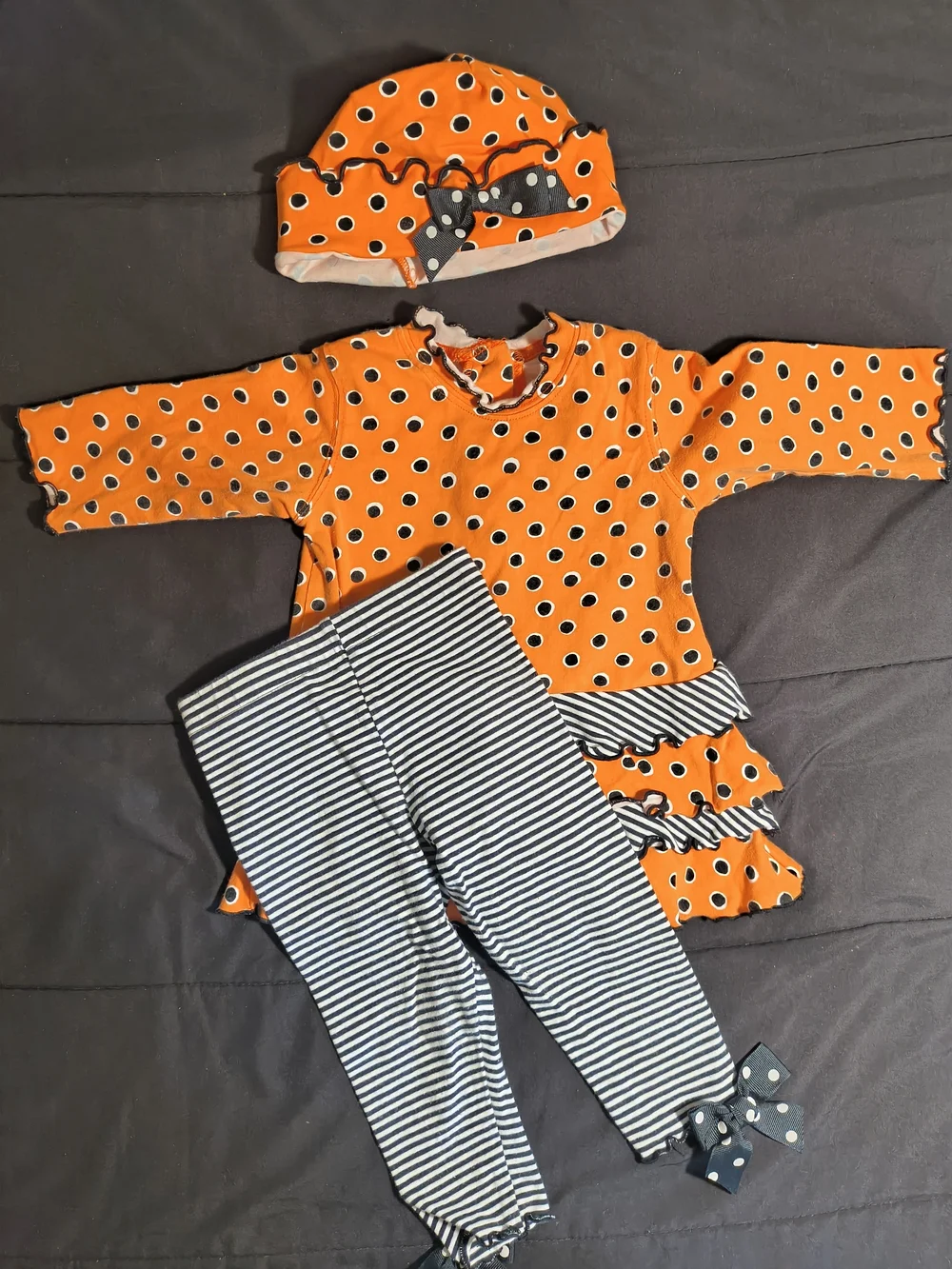 Girls Orange Polka Dot Ruffle Halloween Matching Set with Striped Leggings